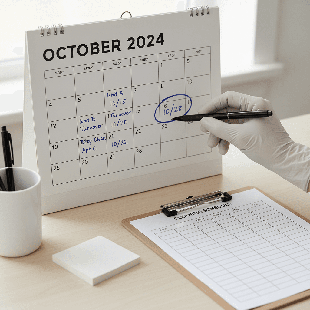 Scheduling calendar with marked turnover dates and hand pointing to dates