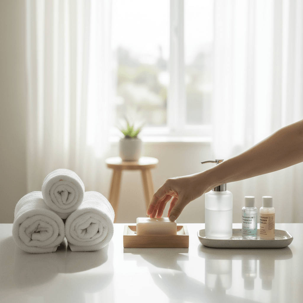 Hand arranging guest toiletries on bathroom counter