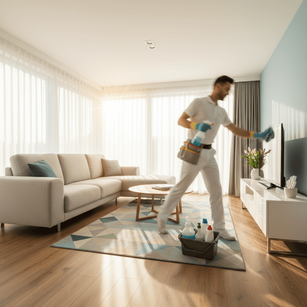 Professional cleaner efficiently working through a rental property