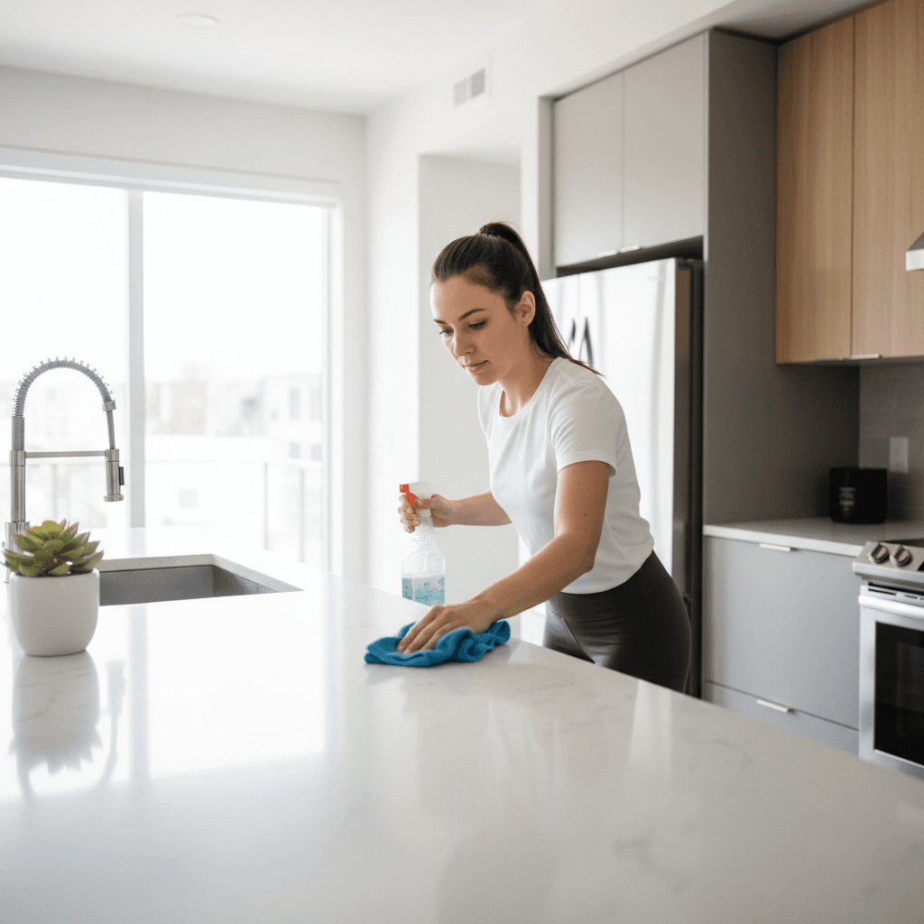 Professional cleaner wiping down kitchen countertop in modern rental
