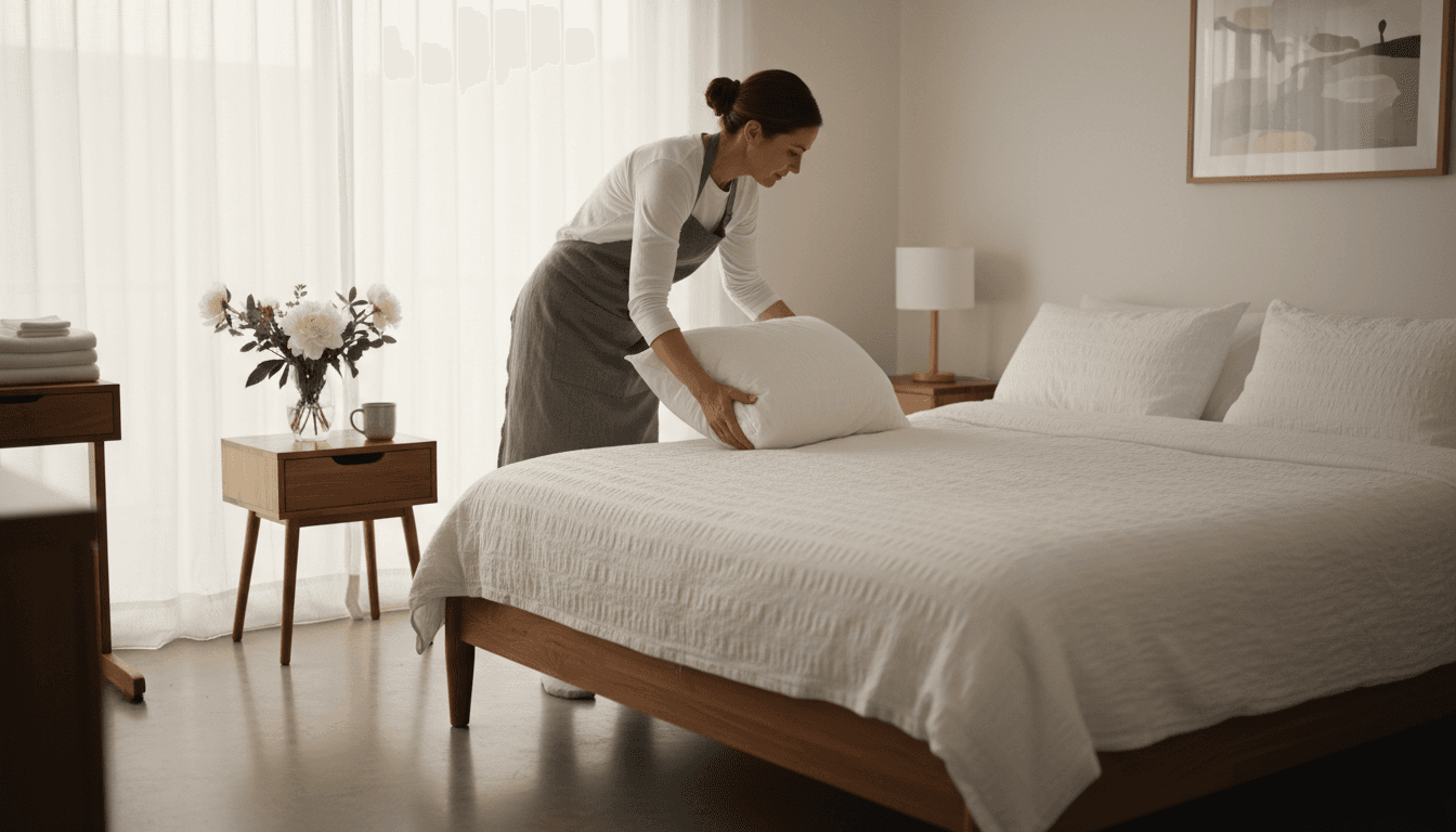 Professional cleaner preparing a guest bedroom with fresh linens and attention to detail