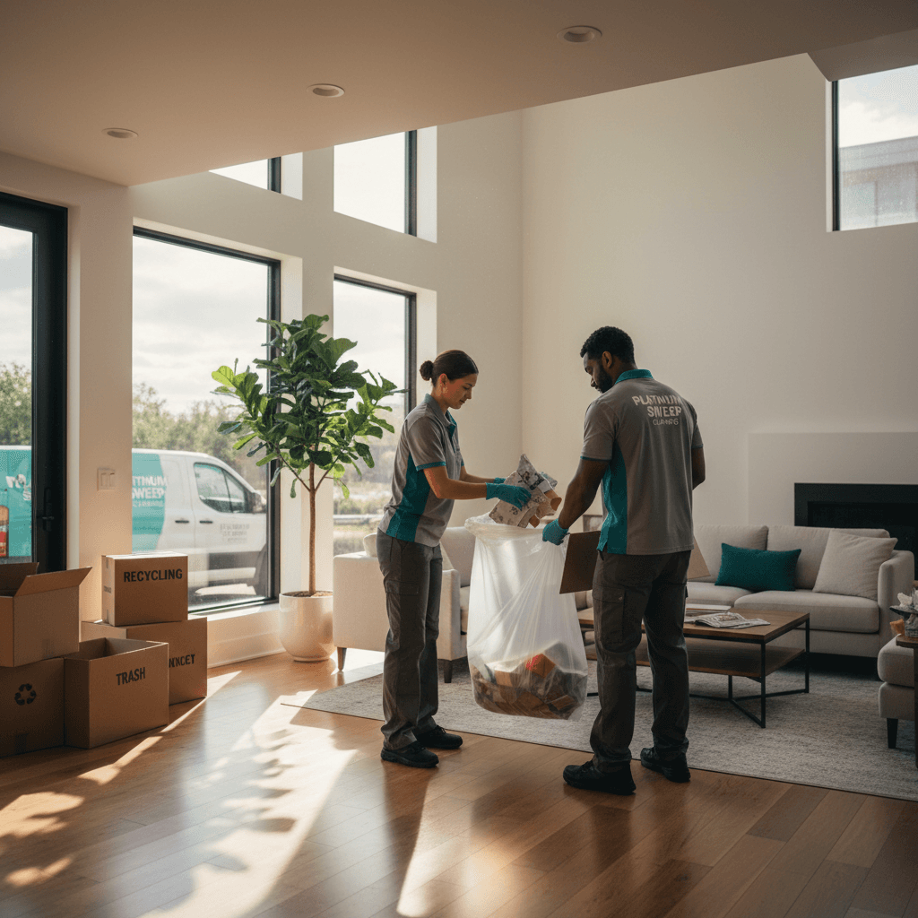 Two workers in safety vests removing debris and boxes from residential unit with natural light streaming through windows