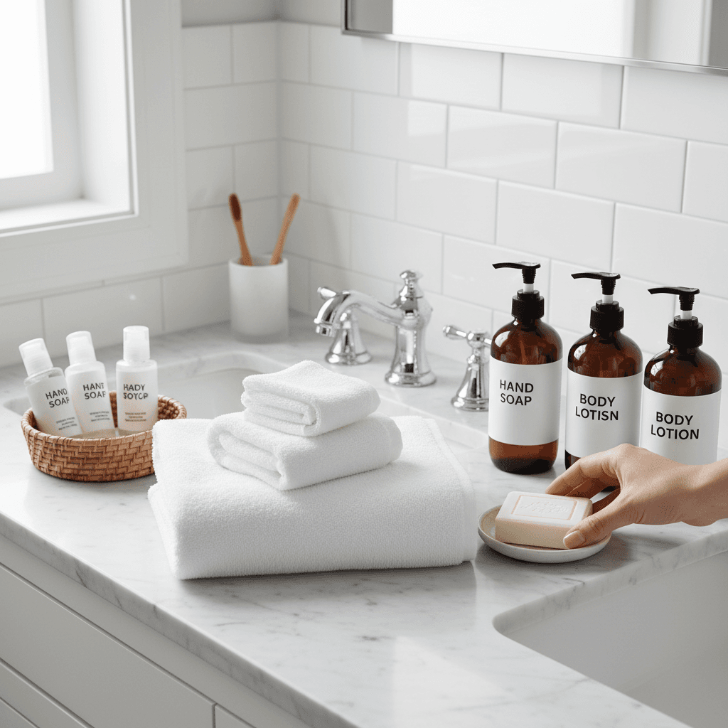 Guest amenities and toiletries neatly arranged on bathroom counter