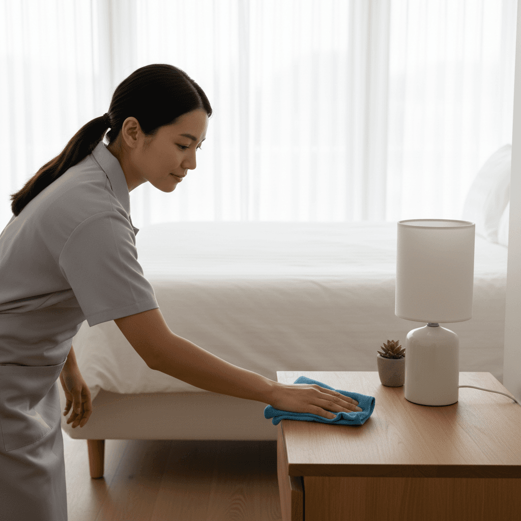 Professional cleaner resetting an Airbnb bedroom