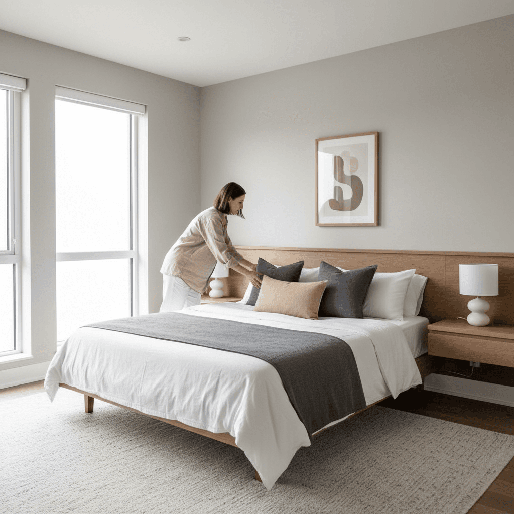 Person arranging pillows on freshly made bed in rental bedroom