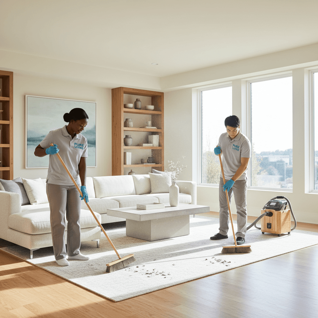 Two cleaning professionals in uniform clearing debris from a bright modern living room