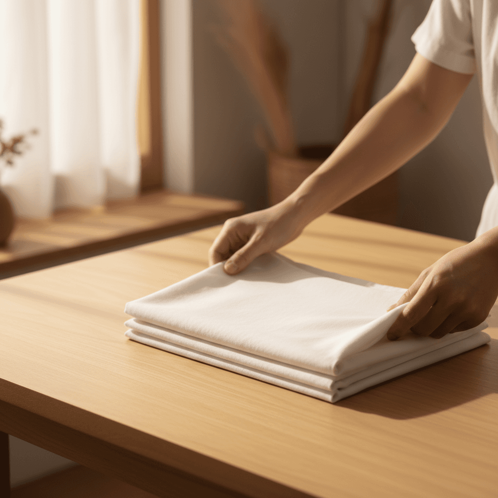 Hands folding fresh white linens on wooden surface