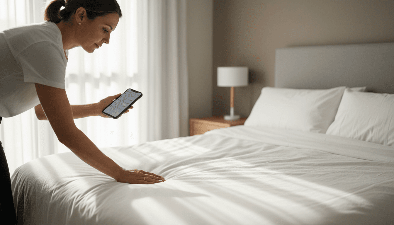 Professional cleaner inspecting fresh linens and using a checklist in a modern Airbnb bedroom