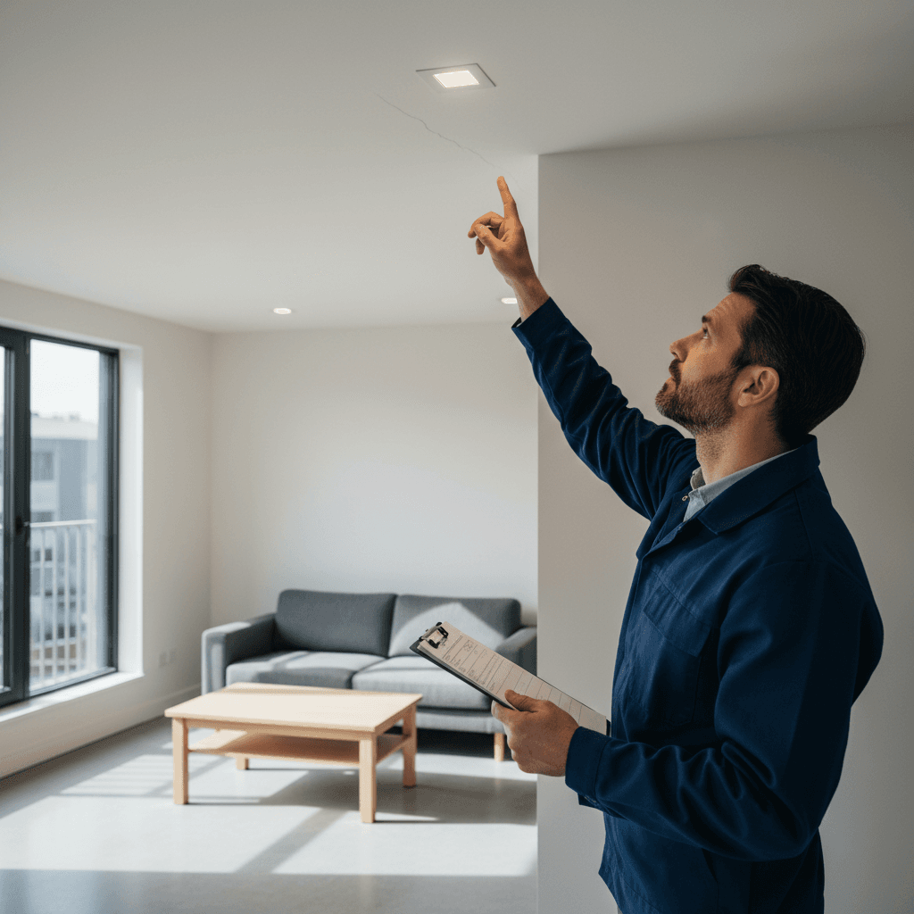Property inspector with clipboard examining rental unit details