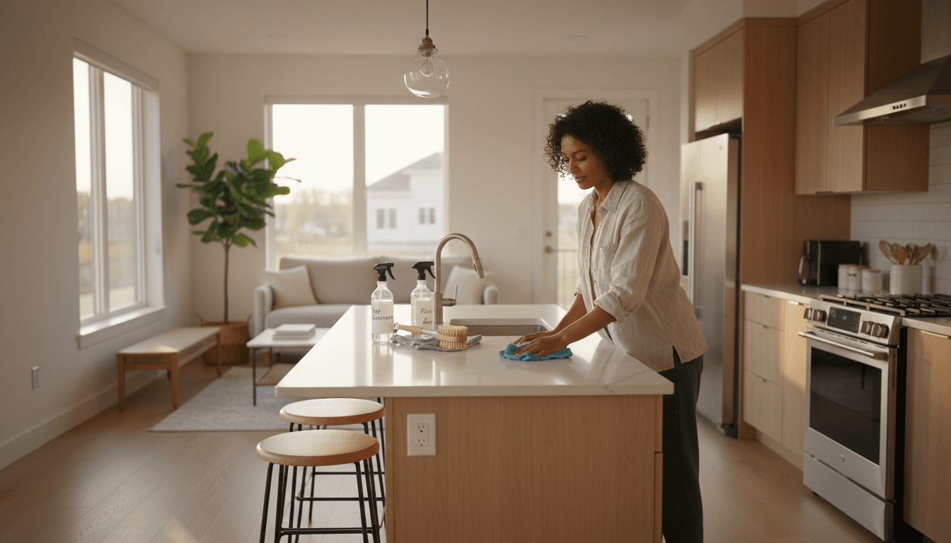 Person cleaning modern kitchen countertop with spray bottle and cloth, natural window light illuminating organized home interior