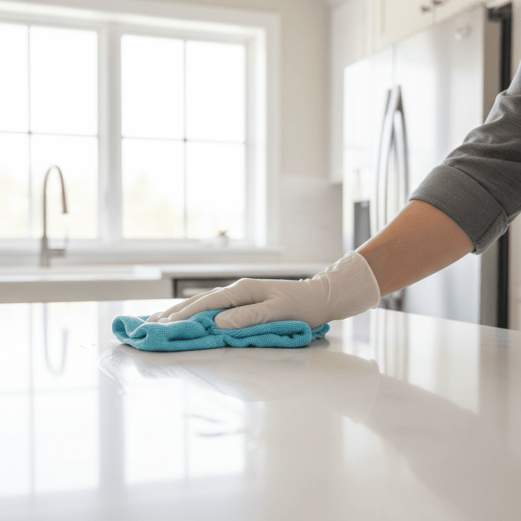 Worker's gloved hands wiping kitchen countertop with microfiber cloth in natural sunlight