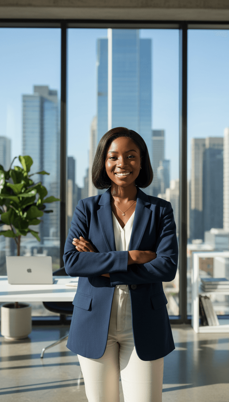 Young female entrepreneur standing confidently in modern office with city skyline visible through windows