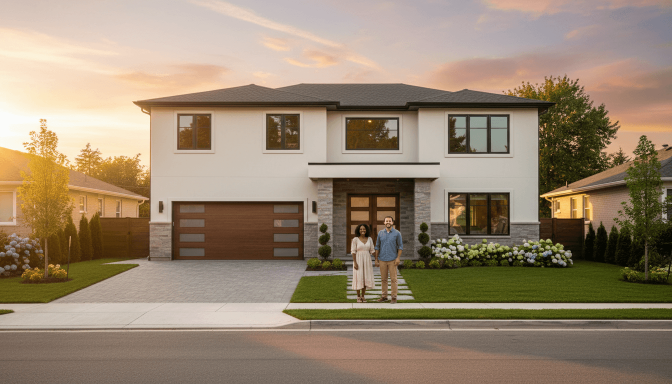 Completed residential home renovation with satisfied homeowners standing at entrance during golden hour sunset