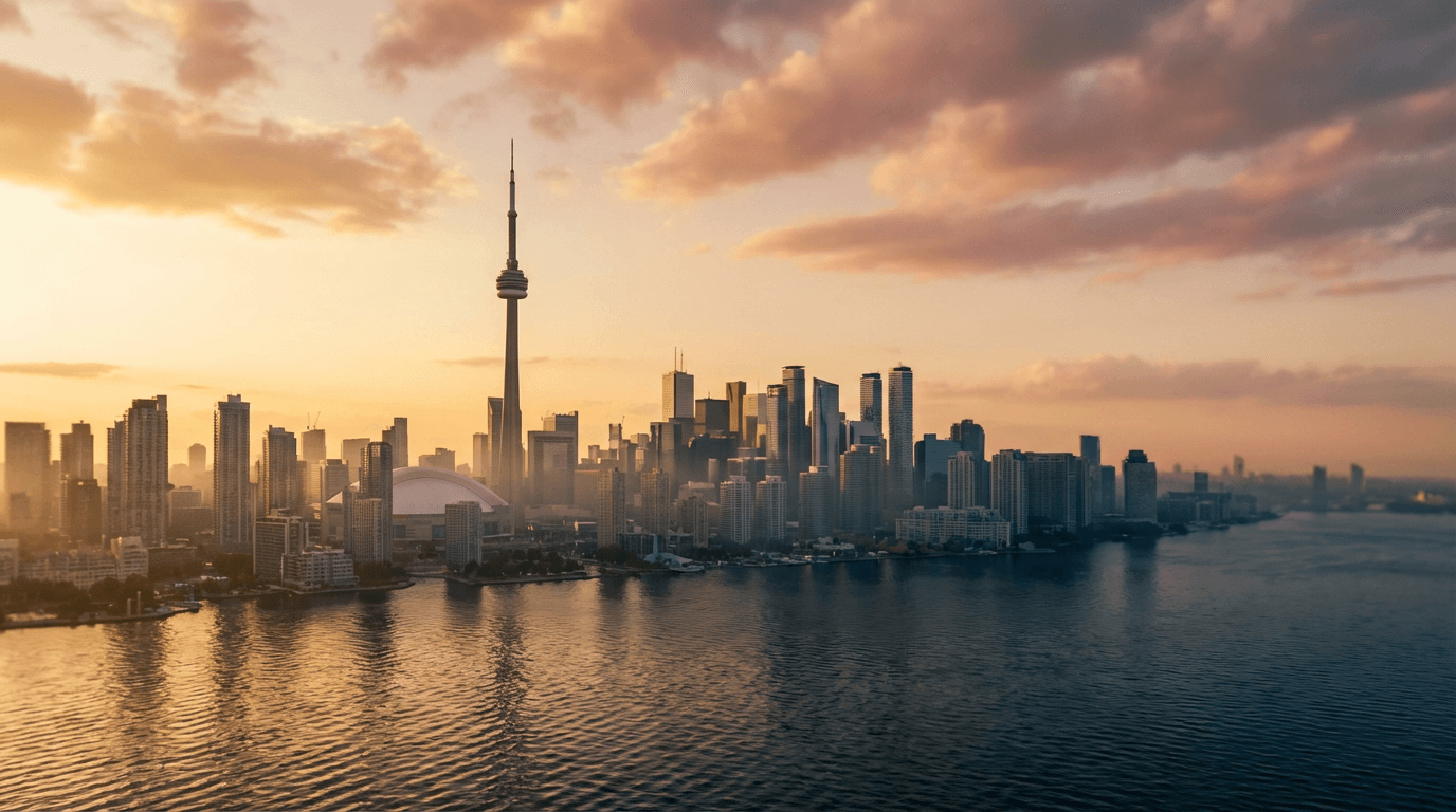 Toronto waterfront skyline at golden hour with CN Tower rising above downtown towers reflected in Lake Ontario.