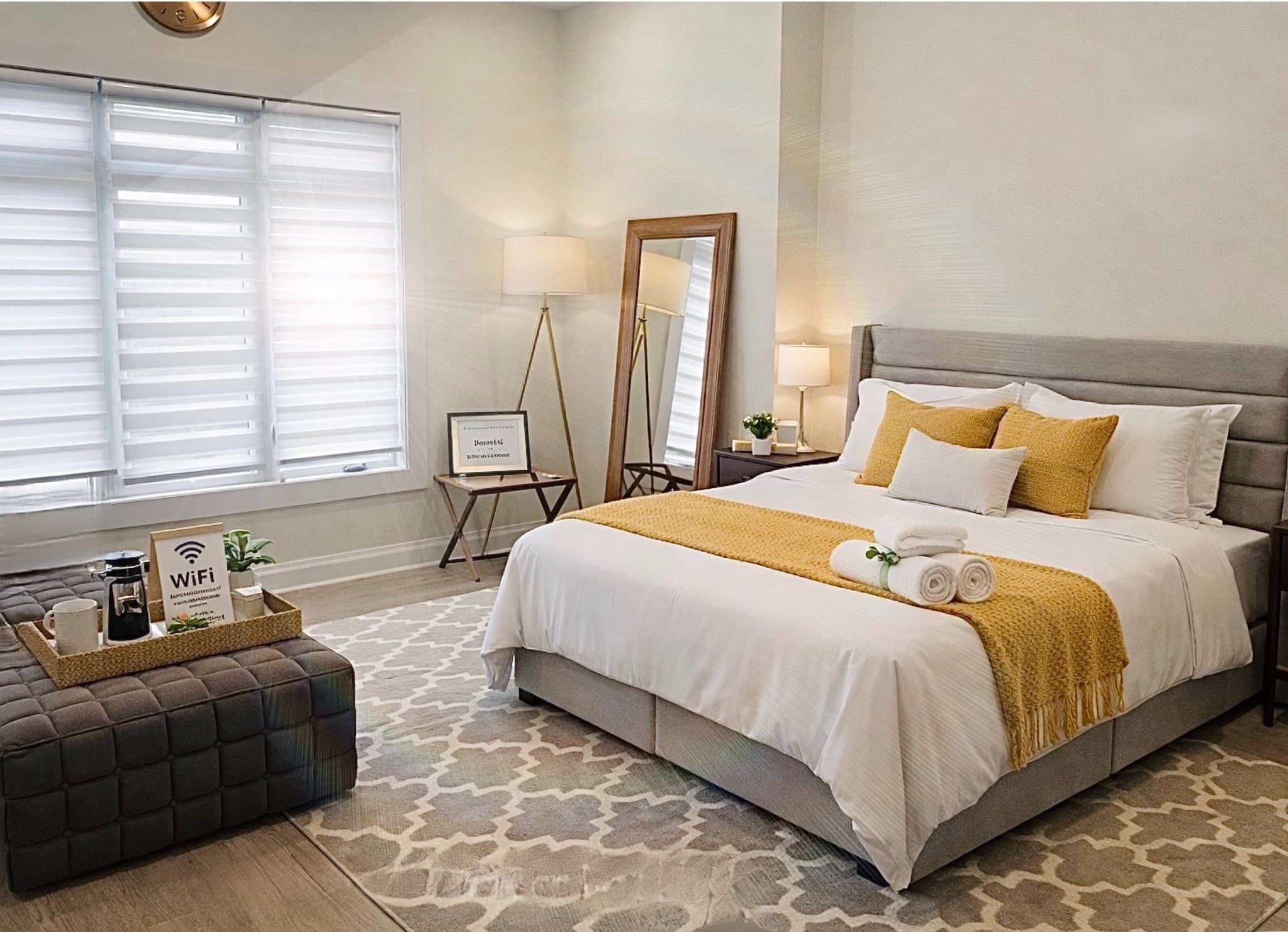 Bright modern bedroom with a grey bed, yellow accents, large window, and patterned rug.